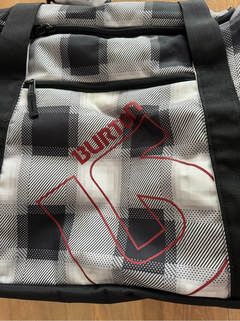 Burton Boothaus Gray & White Plaid Duffel Bag with Red Logo